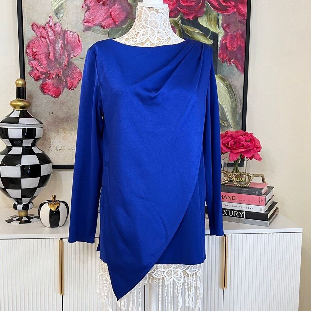 Tom And Linda Platt Women's Asymmetric Draped Satin Blouse Cobalt Blue Size 10
